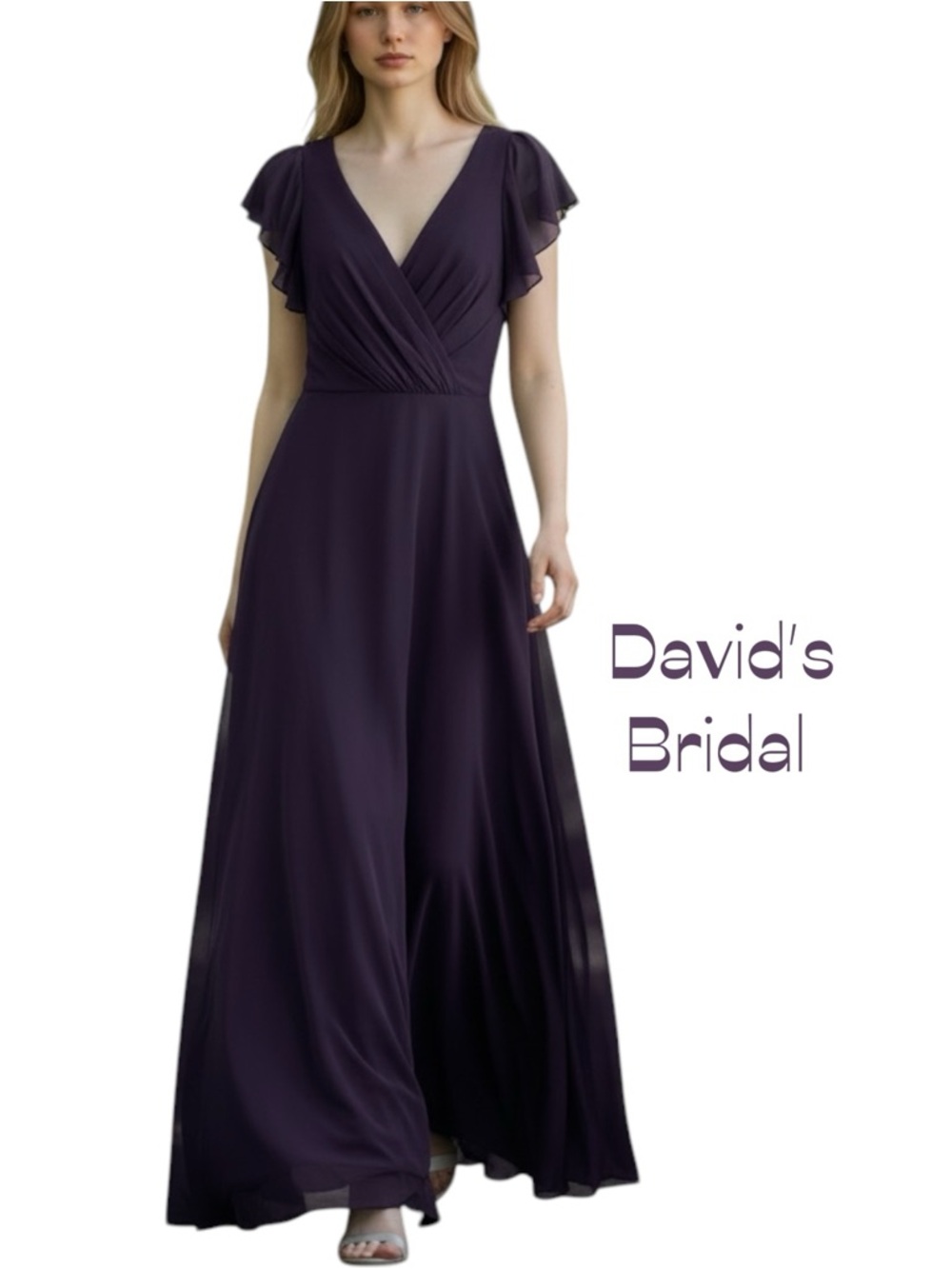 David's Bridal Purple V-Neck Maxi Dress Flutter Sleeves NWOT Size 12